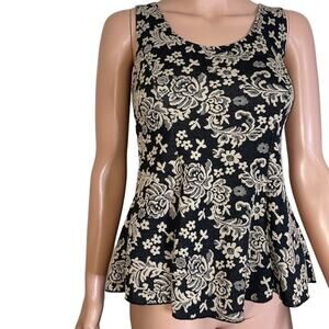 Ooh La La top black and gold paisley print sleeveless blouse sheer back with SM